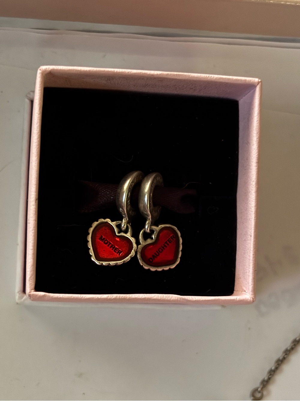 Authentic Retired Pandora Silver Red Enamel Mother Daughter Heart Charms